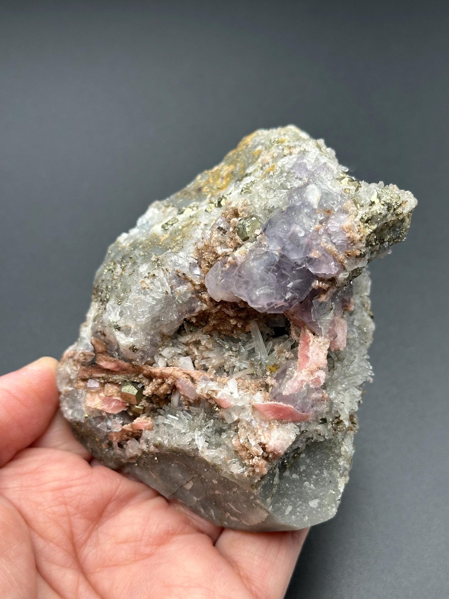 Rhodochrosite with Pyrite, Quartz, and Fluorite from the Wutong Mine, Guangxi, China - UV Reactive