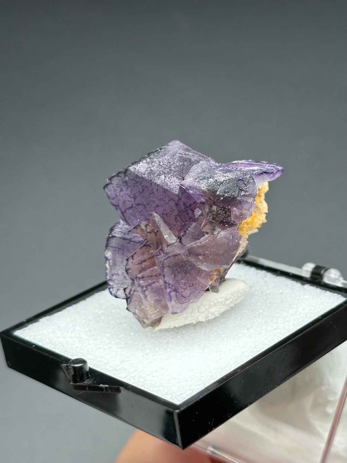 QR Code Fluorite Specimen in a perky box from the Quinlong Mine, Guizhou, China