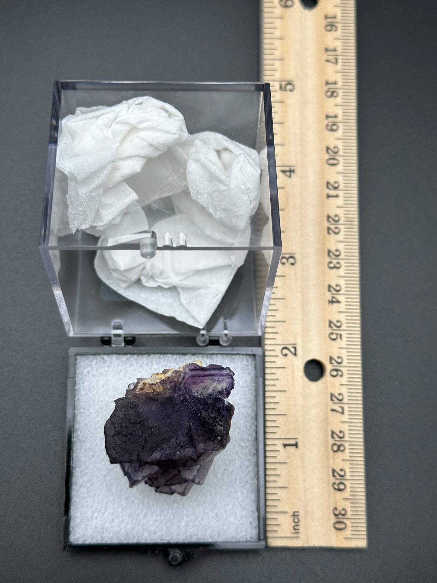 QR Code Fluorite Specimen in a perky box from the Quinlong Mine, Guizhou, China