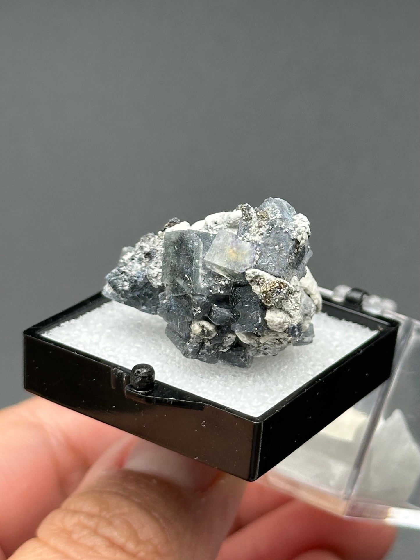 Fluorite with Pyrite Specimen in a perky box from the Yindu Mine, Inner Mongolia, China