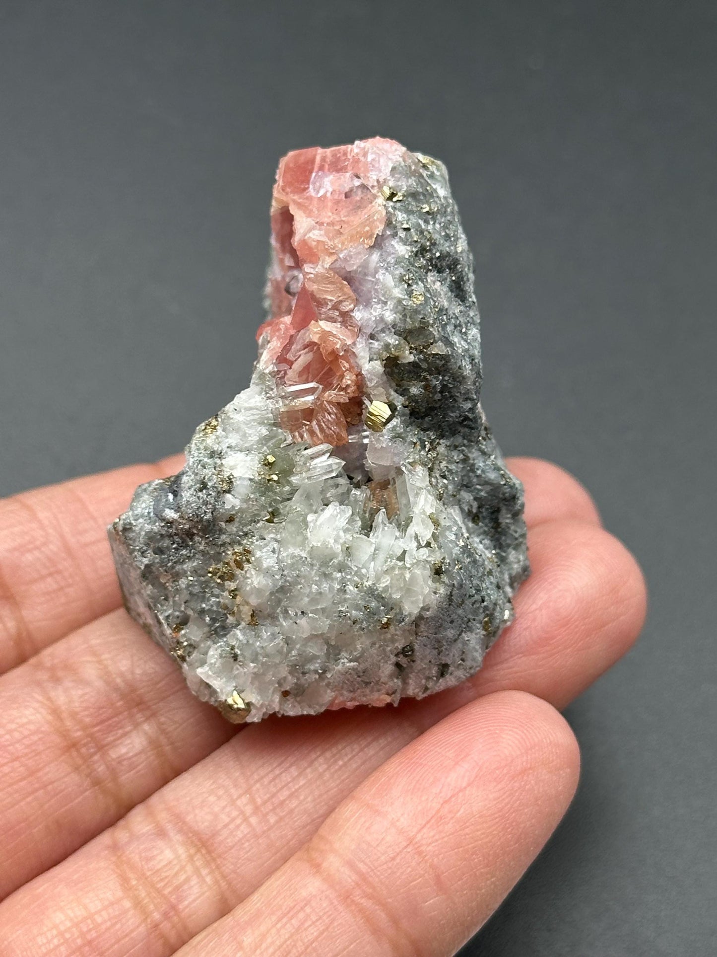 Rhodochrosite with Pyrite and Quartz on Matrix from the Wutong Mine in China