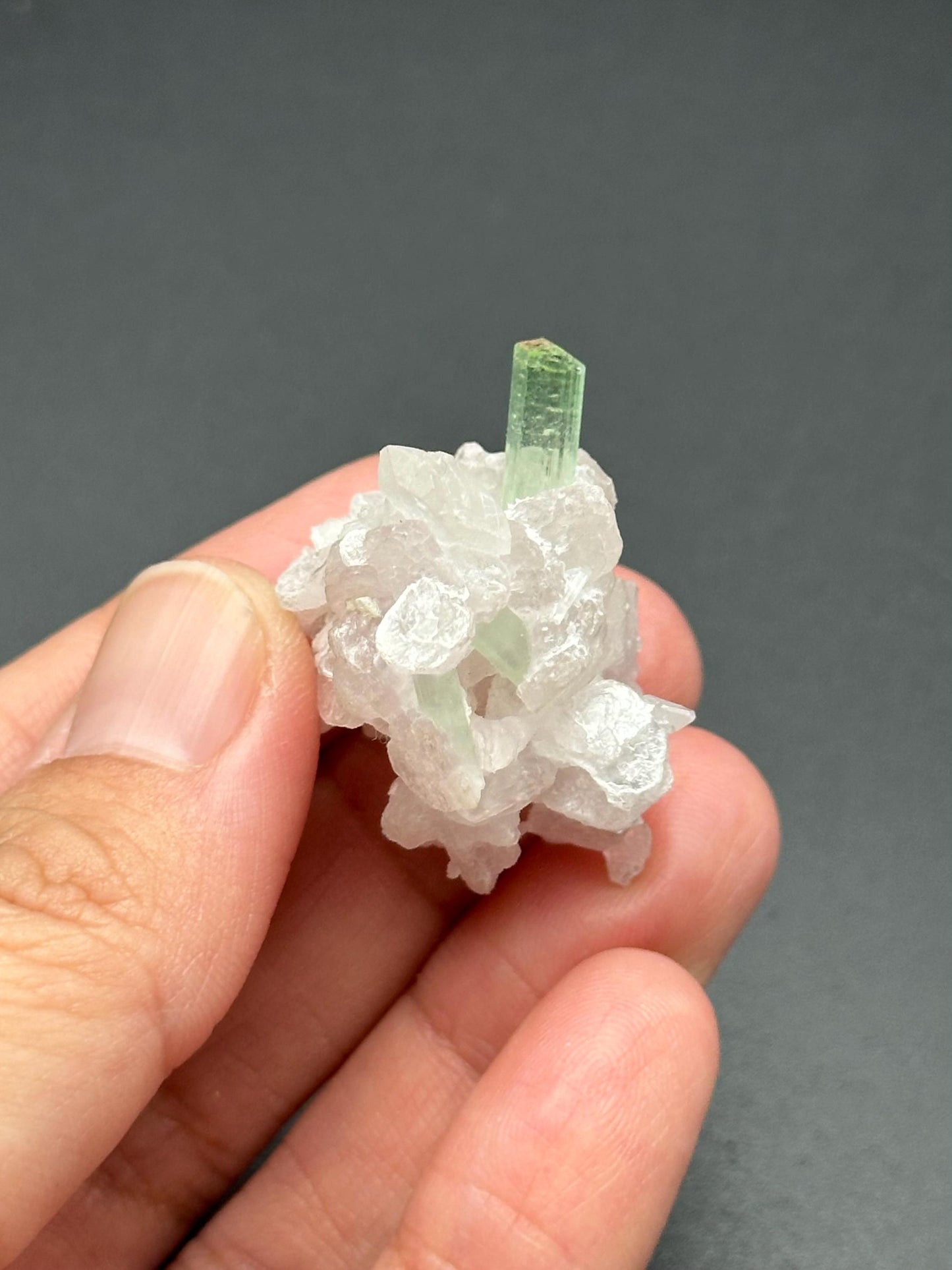 Green Tourmaline on Quartz with Lepidolite