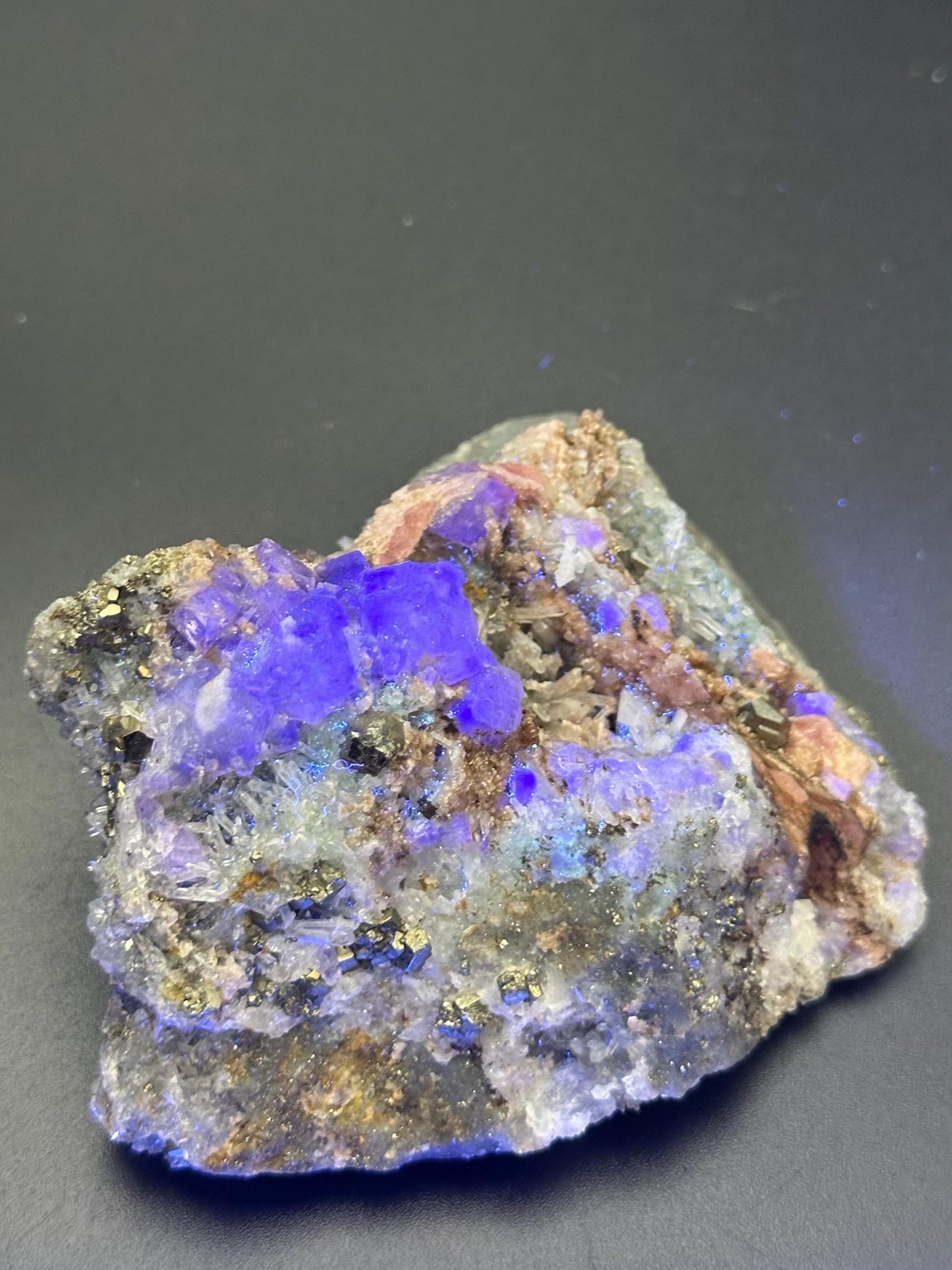 Rhodochrosite with Pyrite, Quartz, and Fluorite from the Wutong Mine, Guangxi, China - UV Reactive