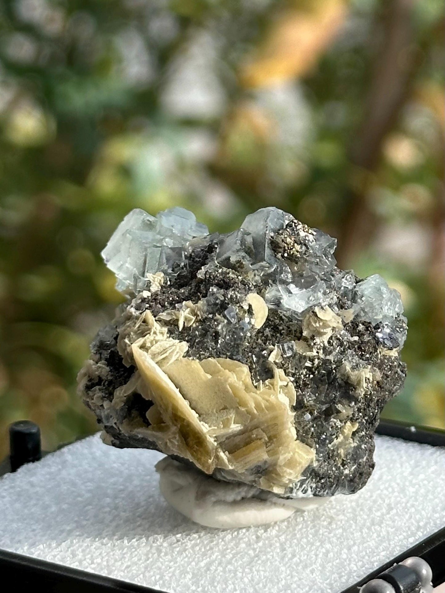 Yindu Fluorite with Calcite Specimen, in a perky box, from the Yindu Mine in Inner Mongolia, China - UV Reactive