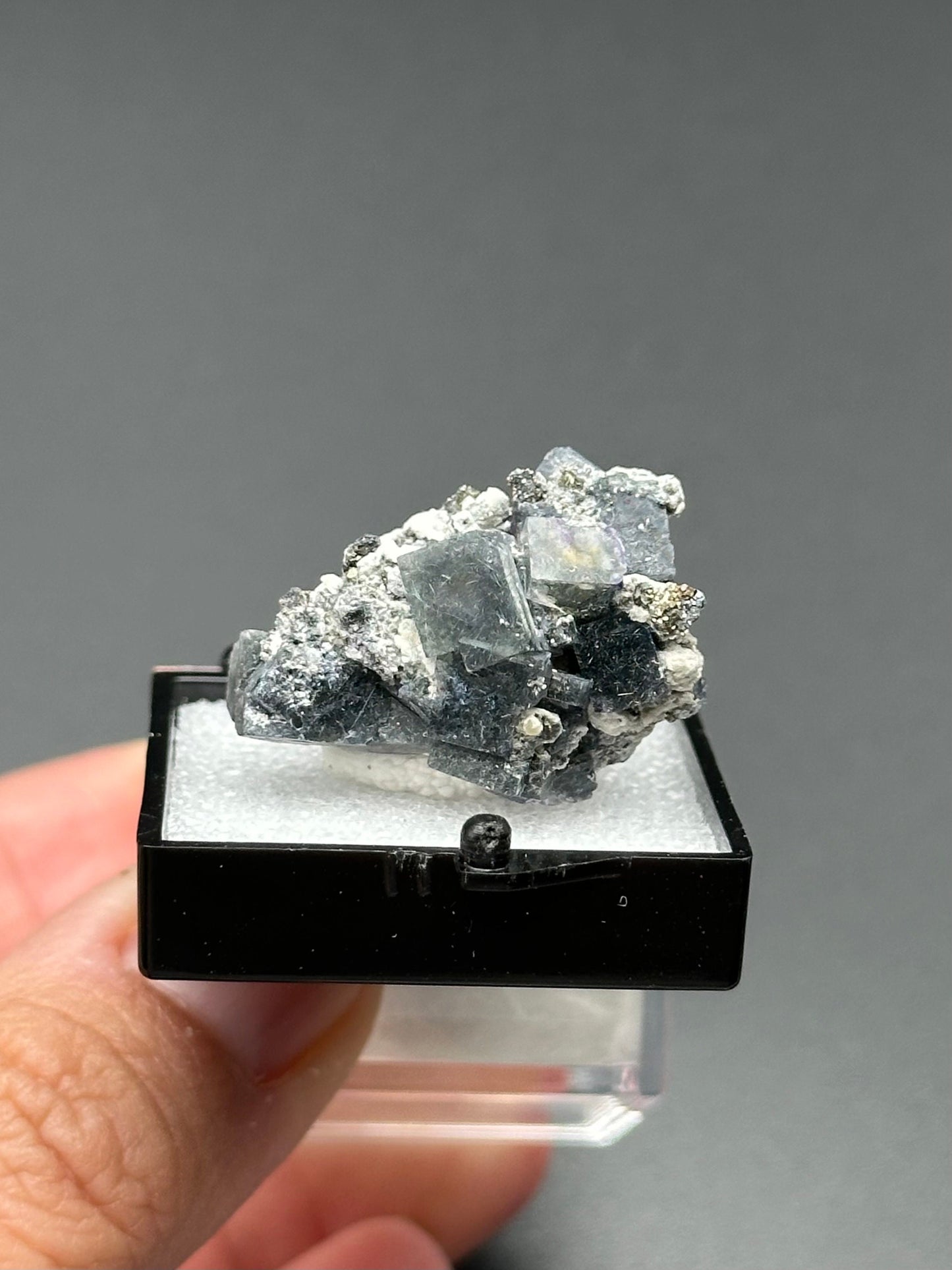 Fluorite with Pyrite Specimen in a perky box from the Yindu Mine, Inner Mongolia, China