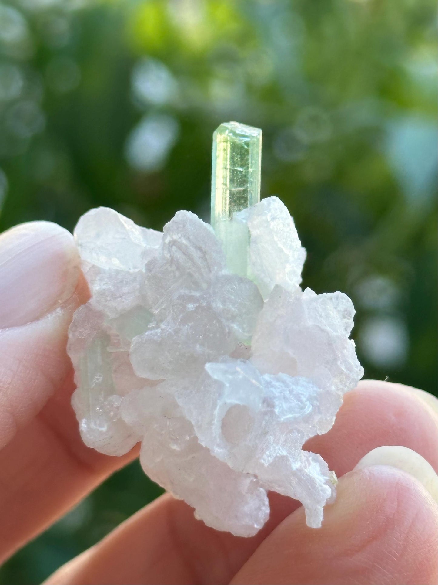 Green Tourmaline on Quartz with Lepidolite