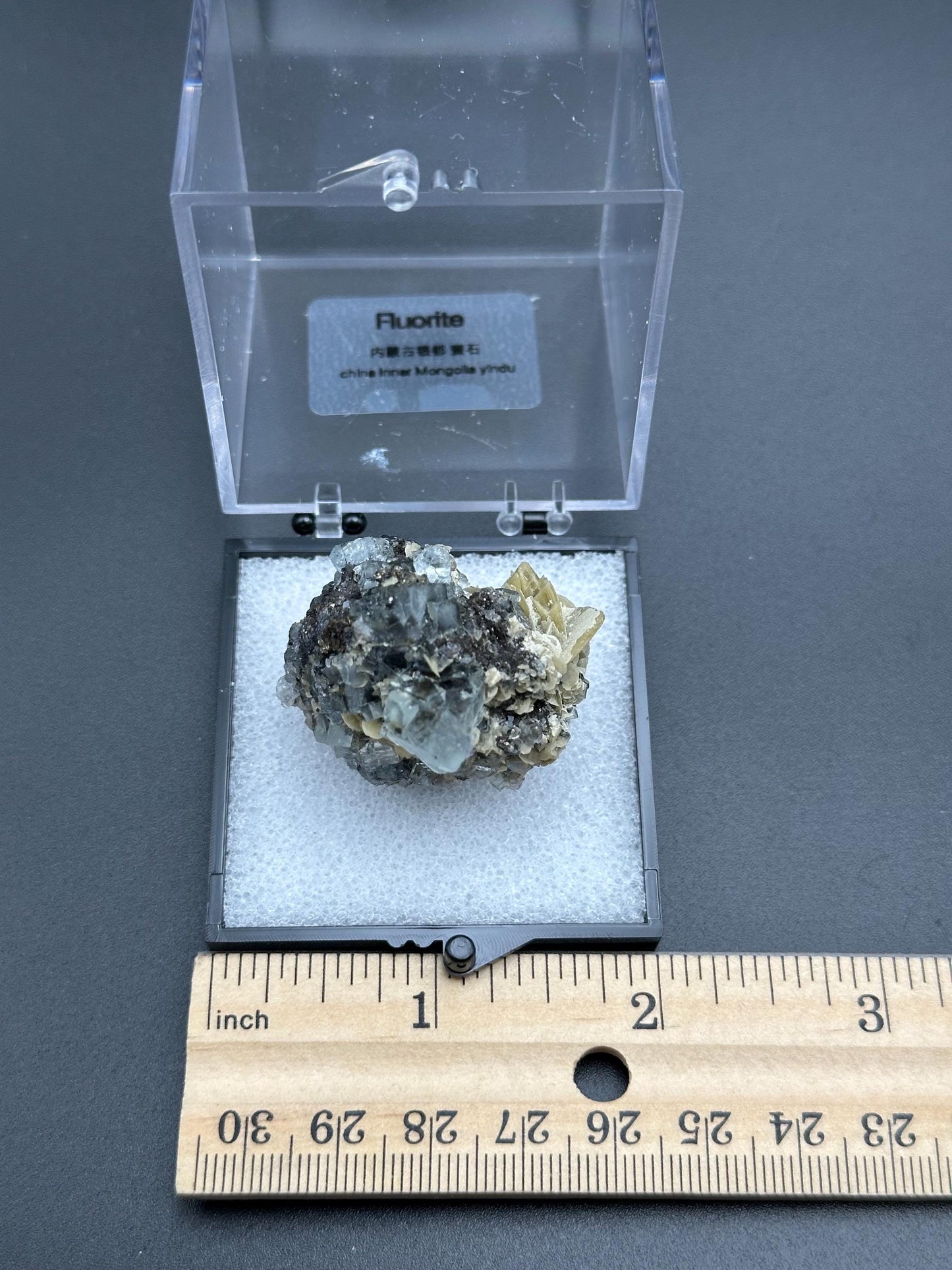 Yindu Fluorite with Calcite Specimen, in a perky box, from the Yindu Mine in Inner Mongolia, China - UV Reactive