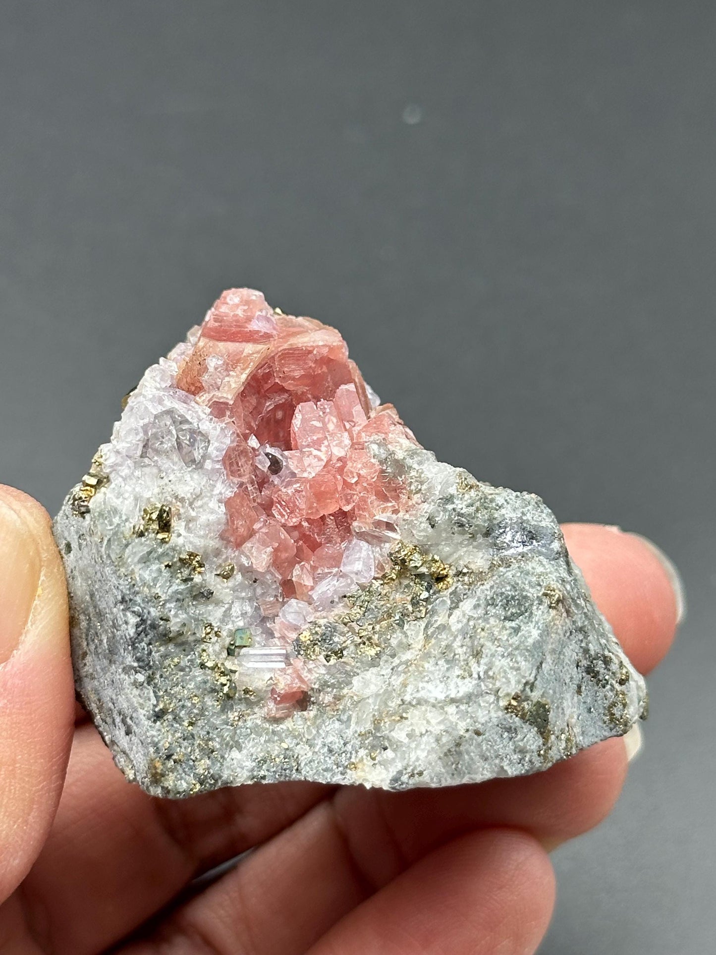 Rhodochrosite with Pyrite and Quartz on Matrix from the Wutong Mine in China