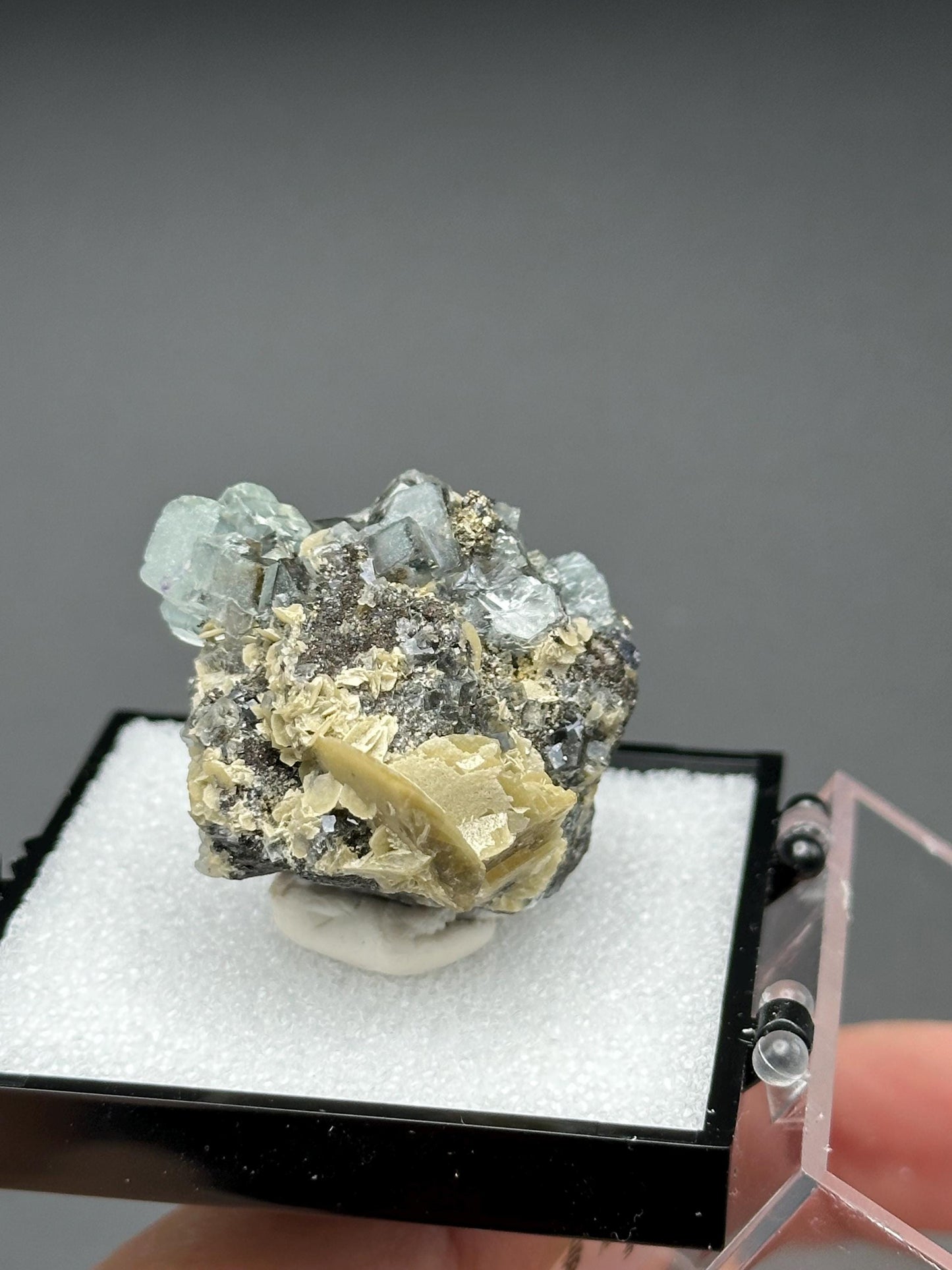 Yindu Fluorite with Calcite Specimen, in a perky box, from the Yindu Mine in Inner Mongolia, China - UV Reactive