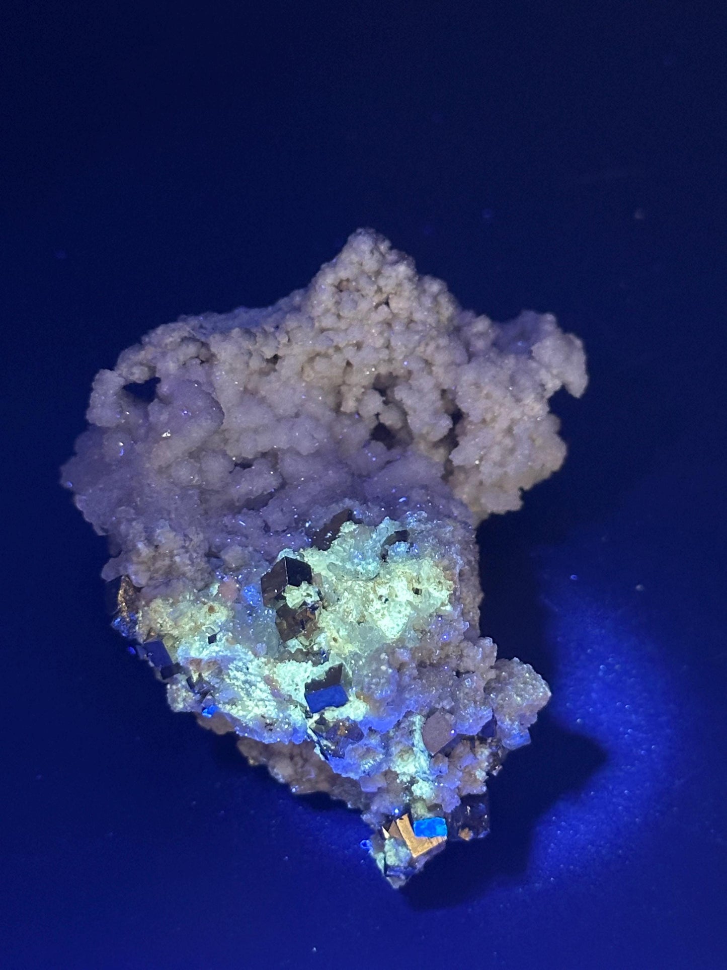 Cubic Pyrite, Calcite, and Quartz from Huanzala Mine, Peru
