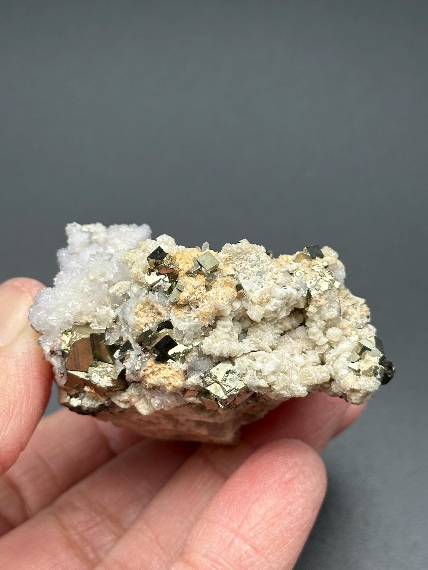Cubic Pyrite, Calcite, and Quartz from Huanzala Mine, Peru