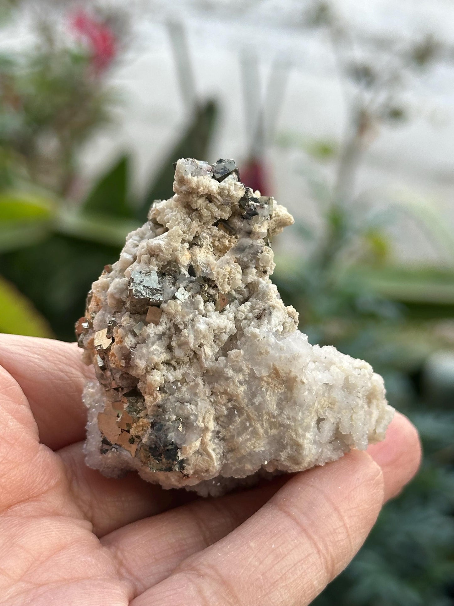 Cubic Pyrite, Calcite, and Quartz from Huanzala Mine, Peru