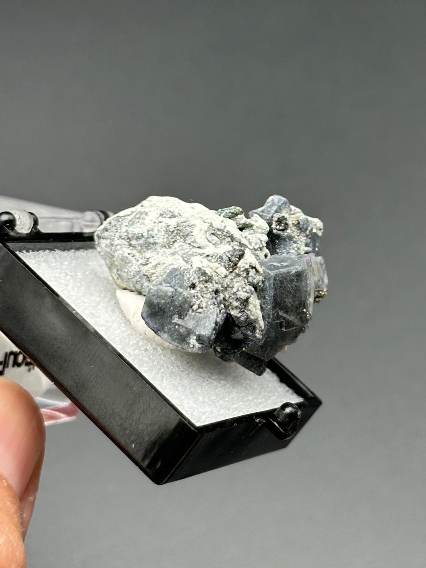 Fluorite with Pyrite Specimen in a perky box from the Yindu Mine, Inner Mongolia, China
