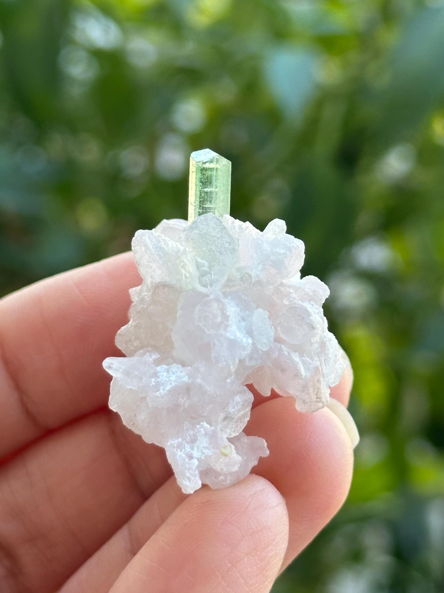 Green Tourmaline on Quartz with Lepidolite
