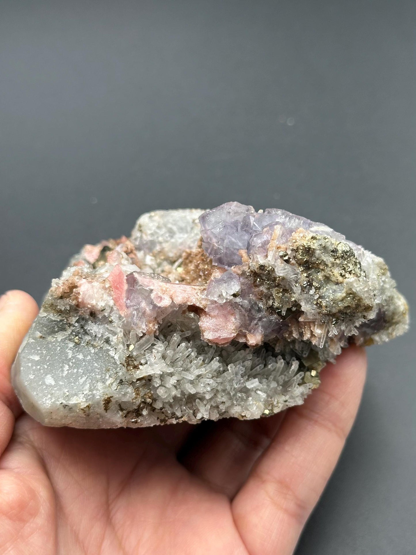 Rhodochrosite with Pyrite, Quartz, and Fluorite from the Wutong Mine, Guangxi, China - UV Reactive