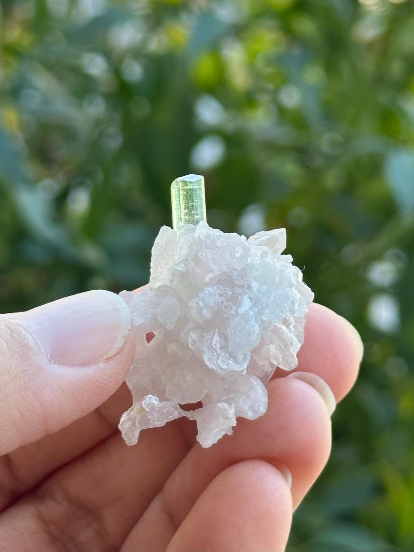 Green Tourmaline on Quartz with Lepidolite