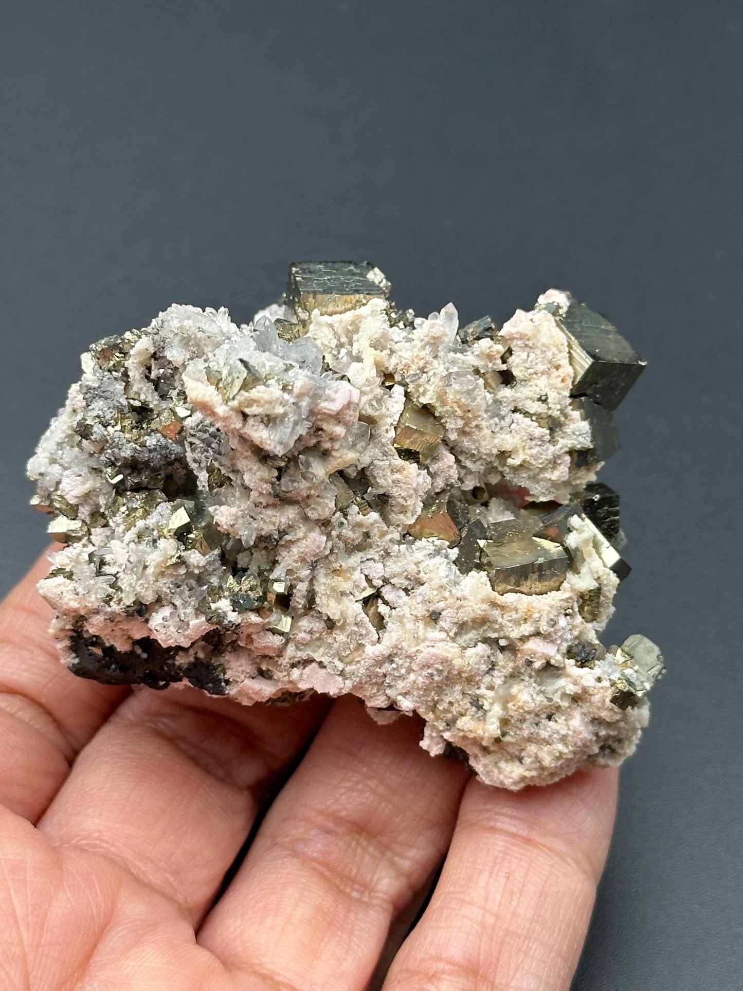 Cubic Pyrite, Calcite, and Quartz Specimen from Peru