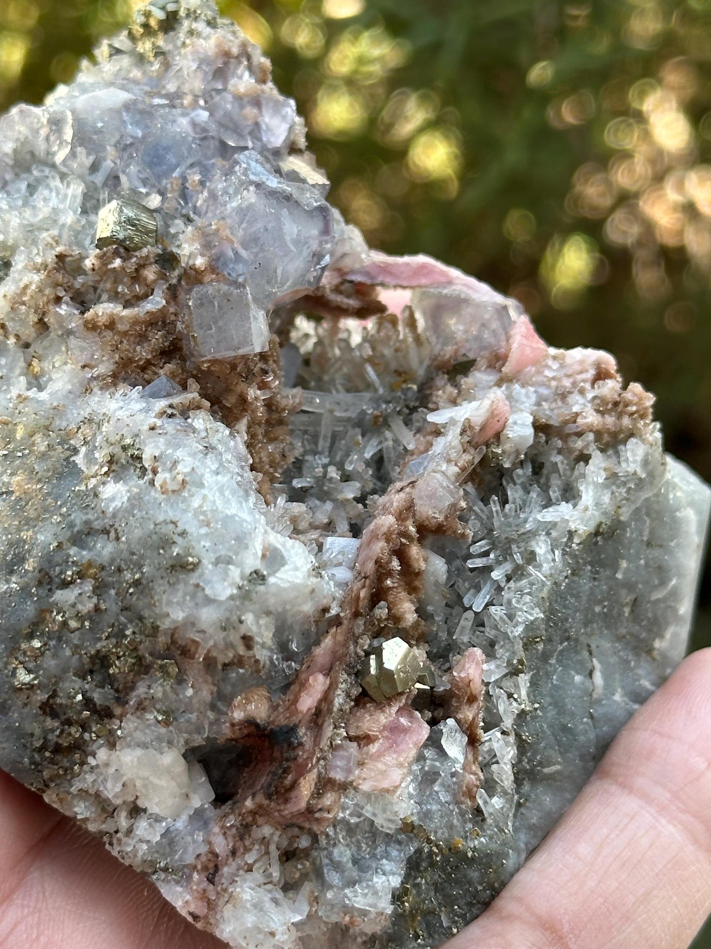 Rhodochrosite with Pyrite, Quartz, and Fluorite from the Wutong Mine, Guangxi, China - UV Reactive