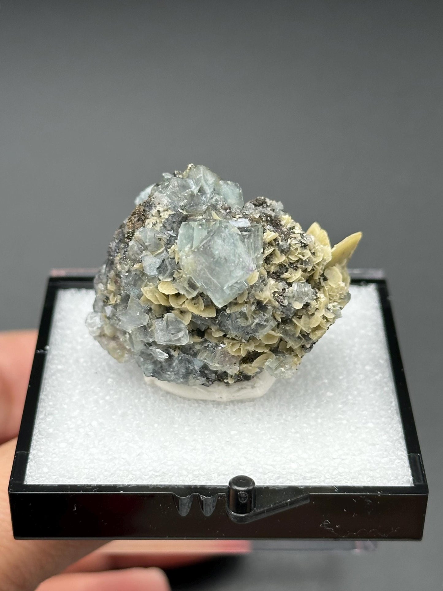 Yindu Fluorite with Calcite Specimen, in a perky box, from the Yindu Mine in Inner Mongolia, China - UV Reactive