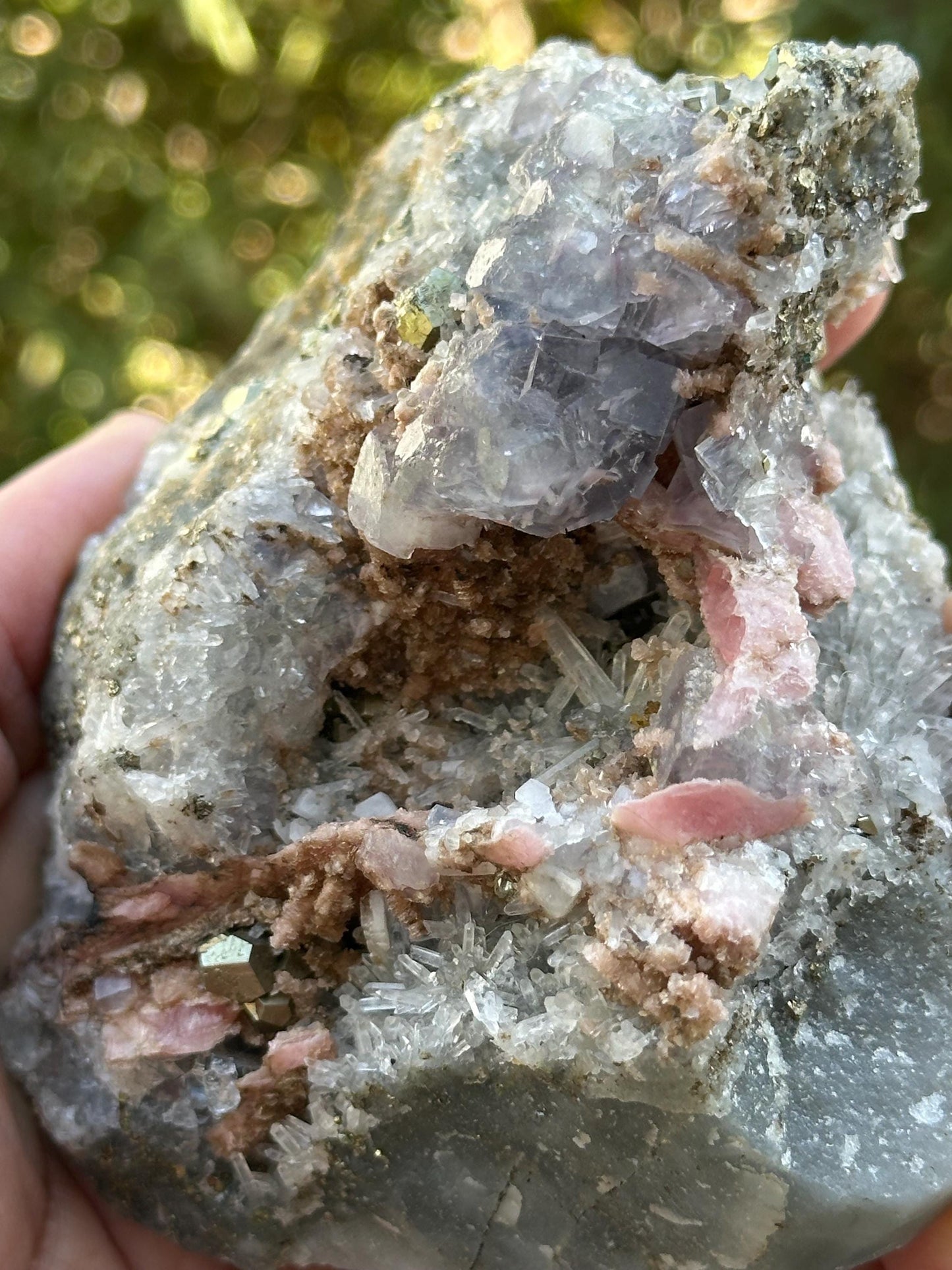 Rhodochrosite with Pyrite, Quartz, and Fluorite from the Wutong Mine, Guangxi, China - UV Reactive