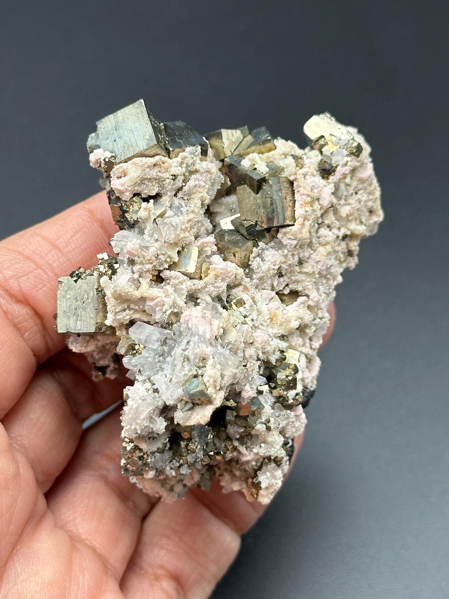 Cubic Pyrite, Calcite, and Quartz Specimen from Peru