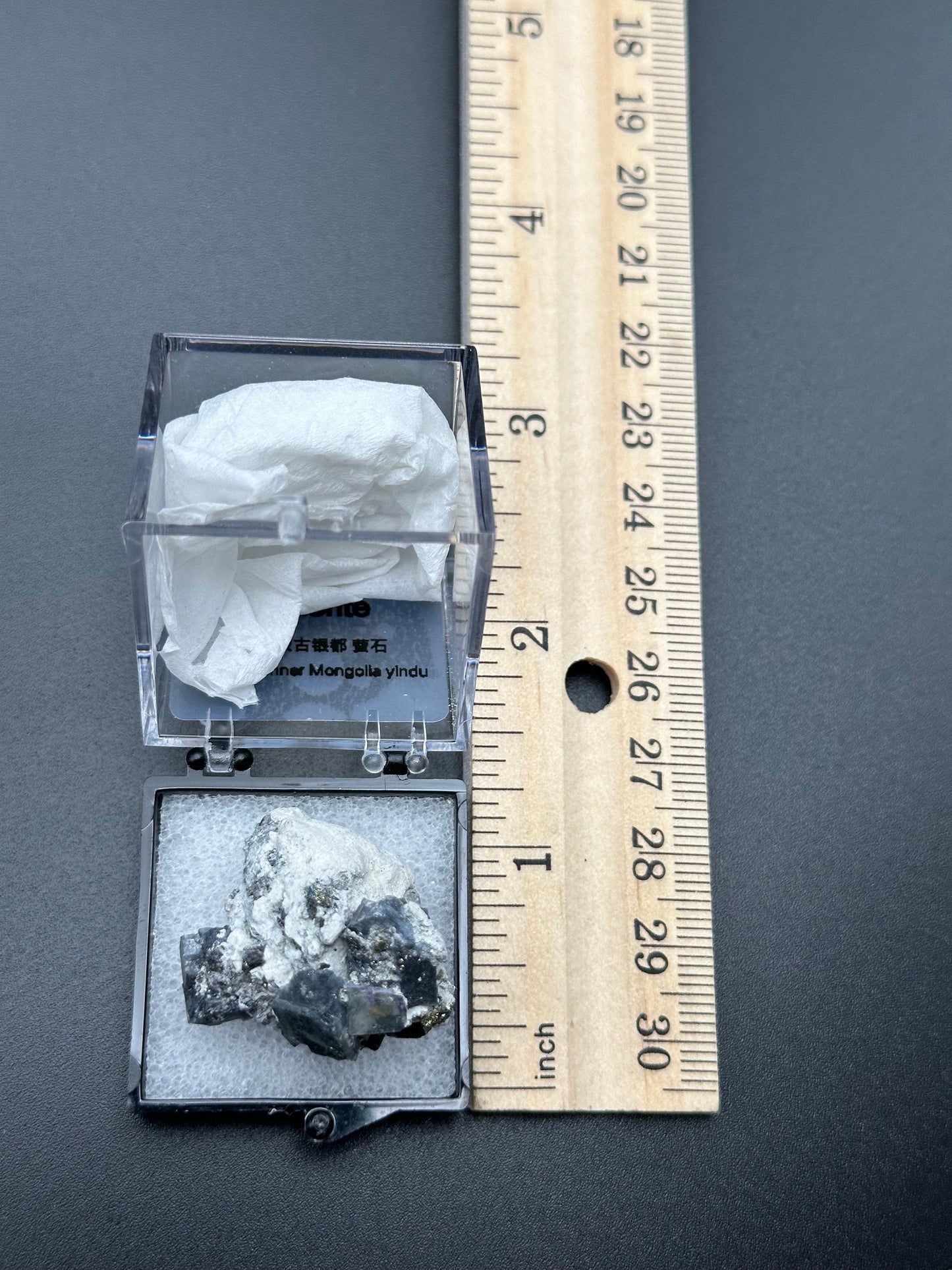 Fluorite with Pyrite Specimen in a perky box from the Yindu Mine, Inner Mongolia, China