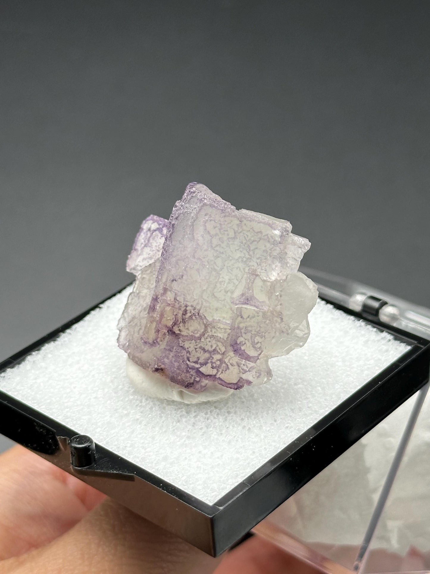 QR Code Fluorite Specimen in a perky box from Quinlong Mine, Guizhou, China