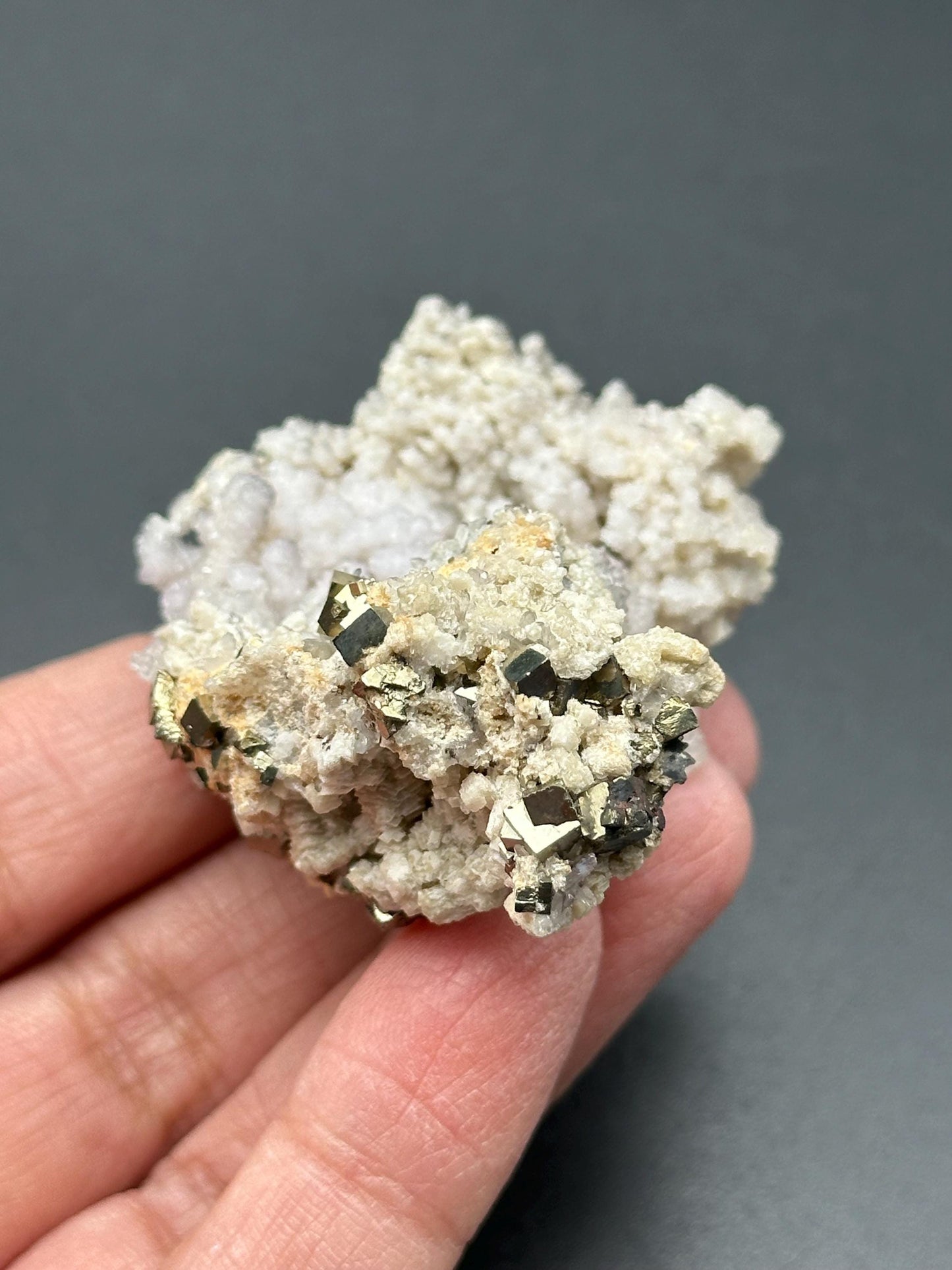 Cubic Pyrite, Calcite, and Quartz from Huanzala Mine, Peru