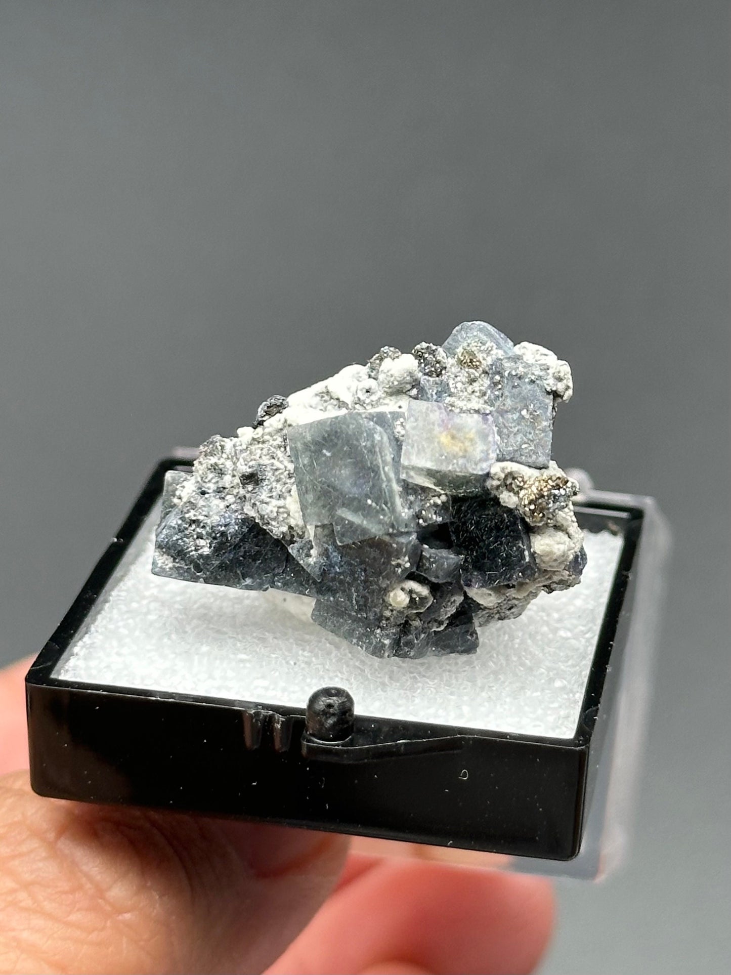 Fluorite with Pyrite Specimen in a perky box from the Yindu Mine, Inner Mongolia, China