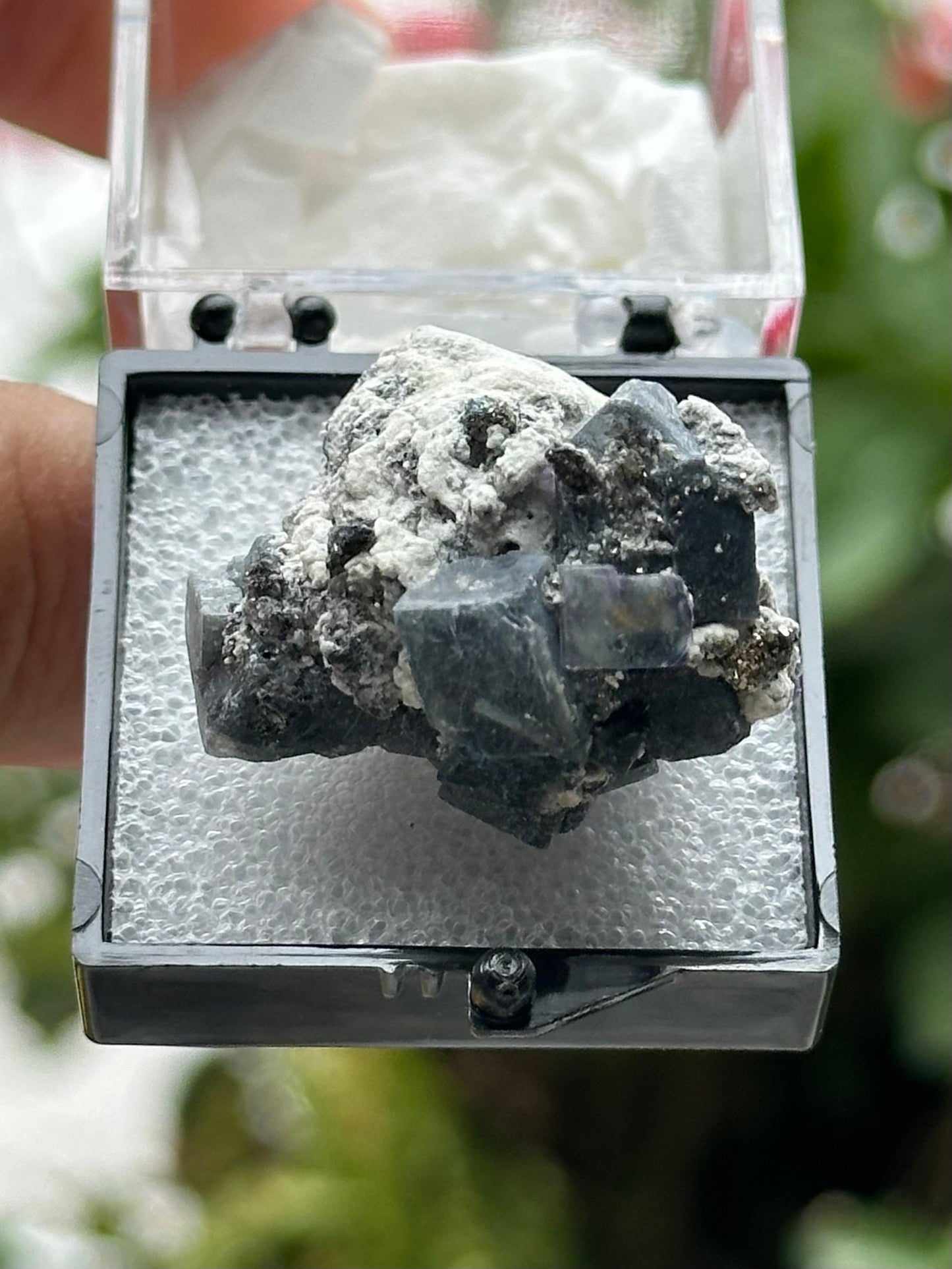 Fluorite with Pyrite Specimen in a perky box from the Yindu Mine, Inner Mongolia, China