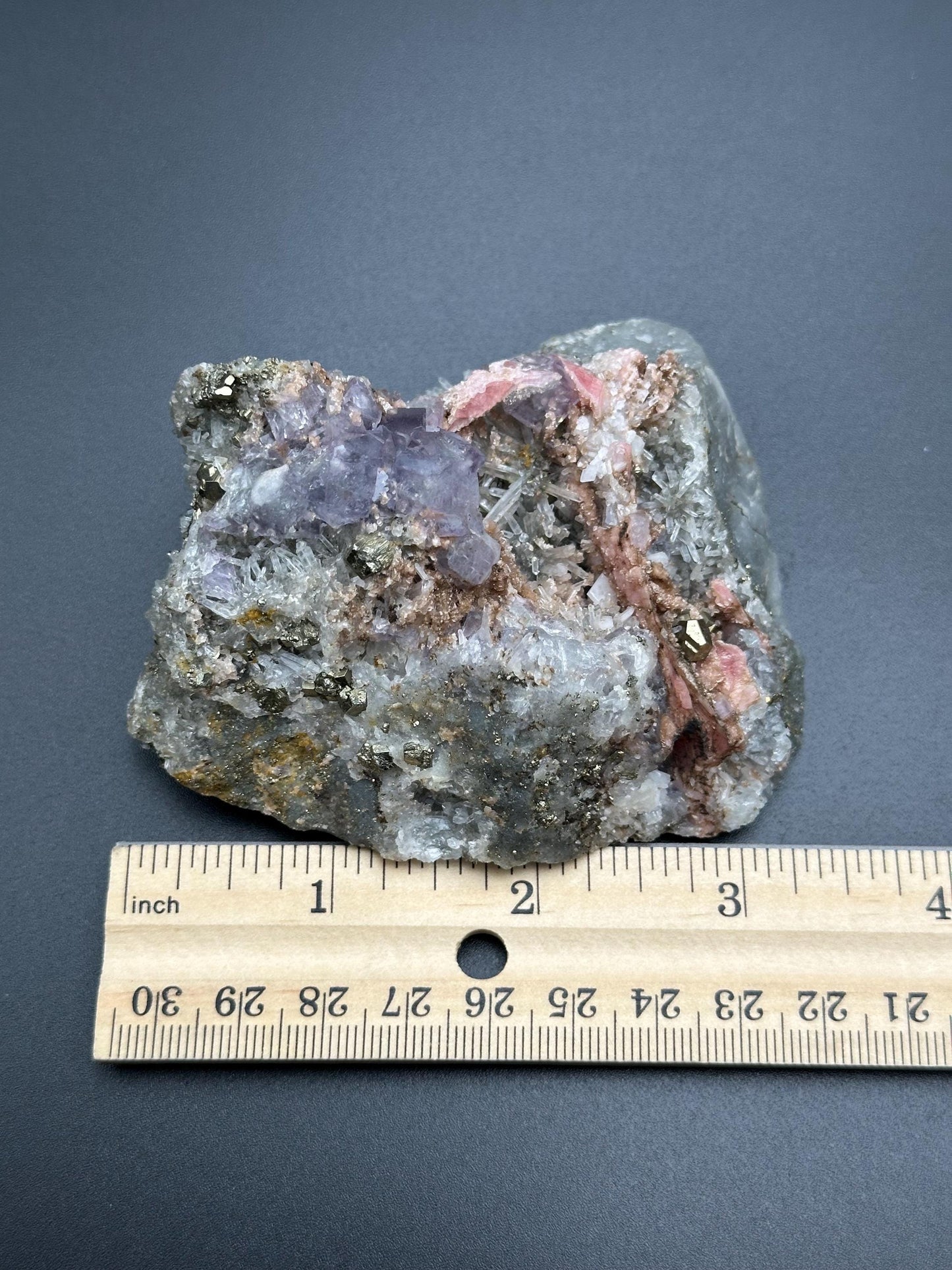 Rhodochrosite with Pyrite, Quartz, and Fluorite from the Wutong Mine, Guangxi, China - UV Reactive