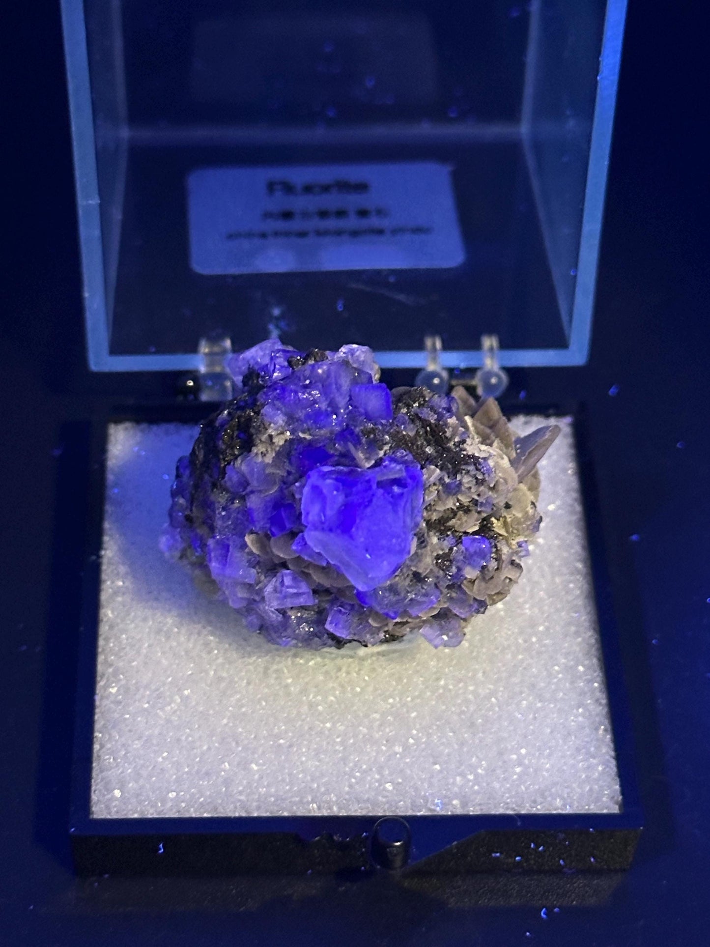 Yindu Fluorite with Calcite Specimen, in a perky box, from the Yindu Mine in Inner Mongolia, China - UV Reactive