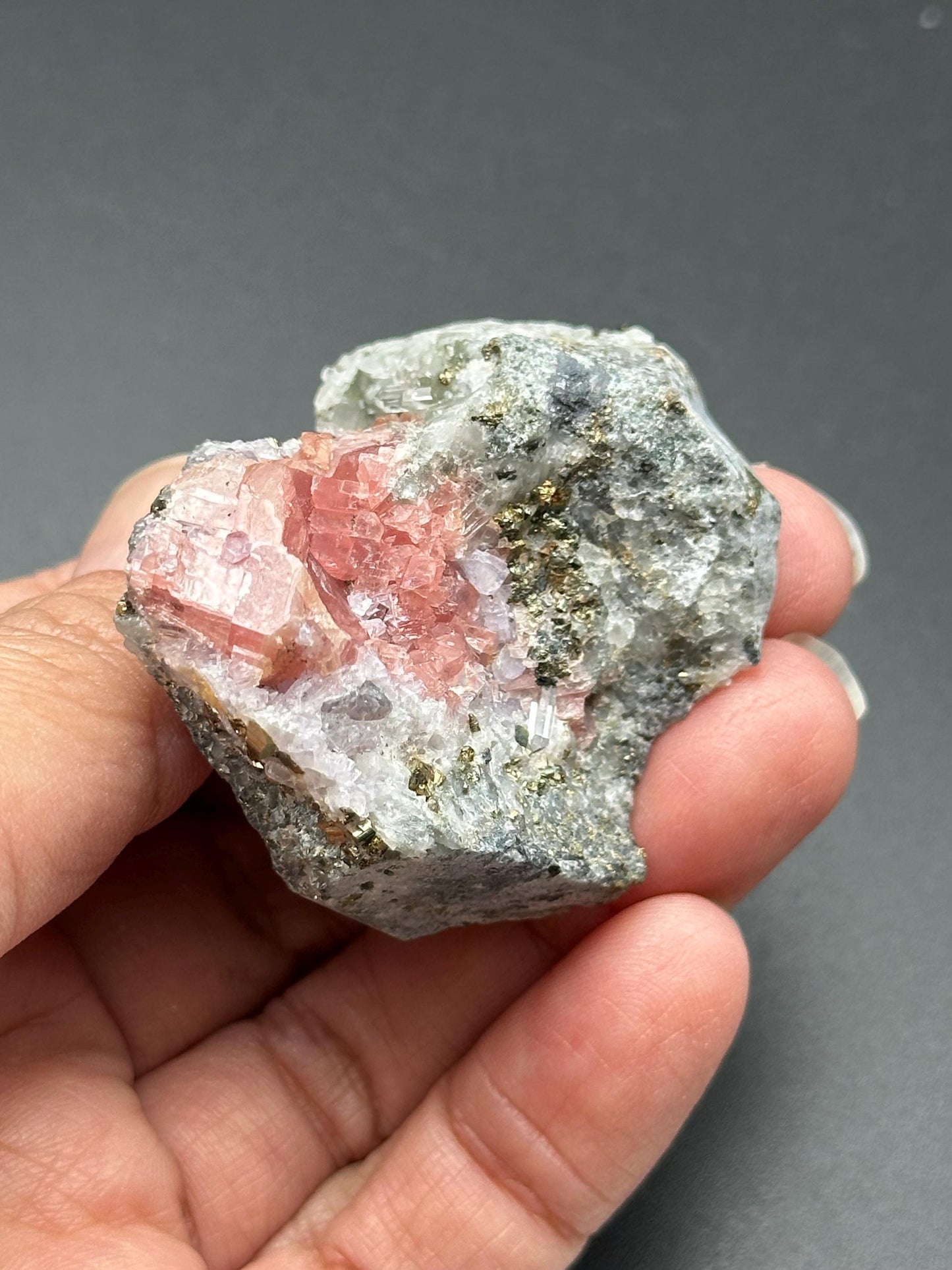 Rhodochrosite with Pyrite and Quartz on Matrix from the Wutong Mine in China